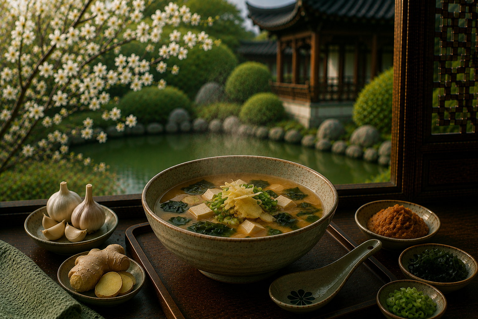Sopa de missô com gengibre e alho com sésamo preto