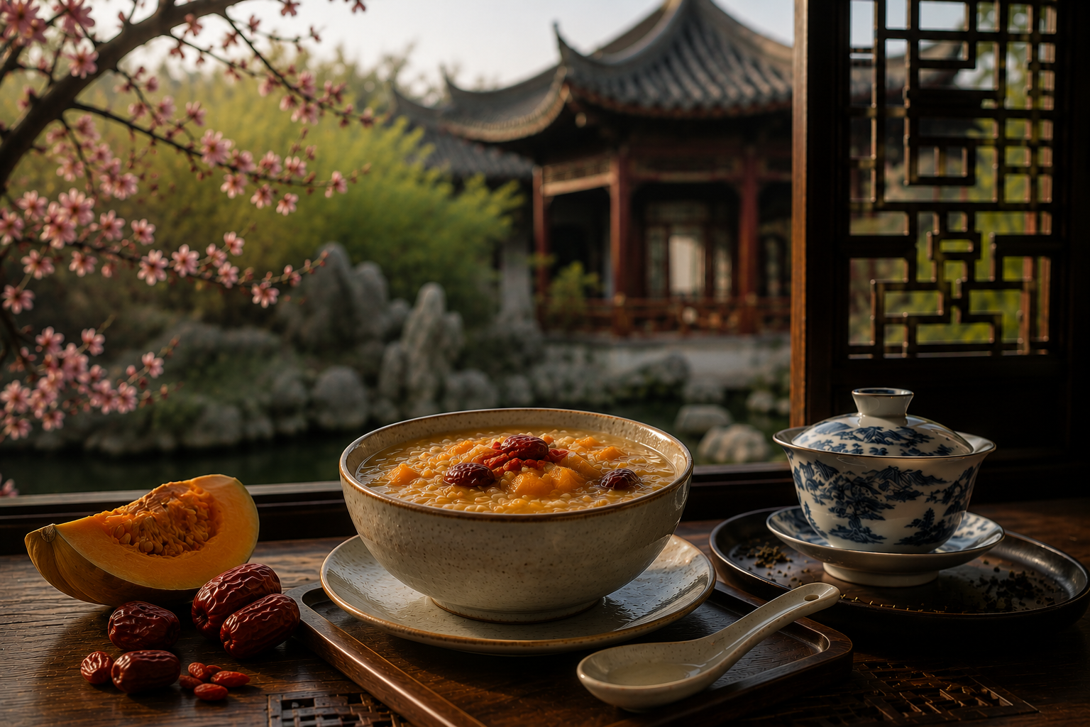 Congee de abóbora e tâmaras