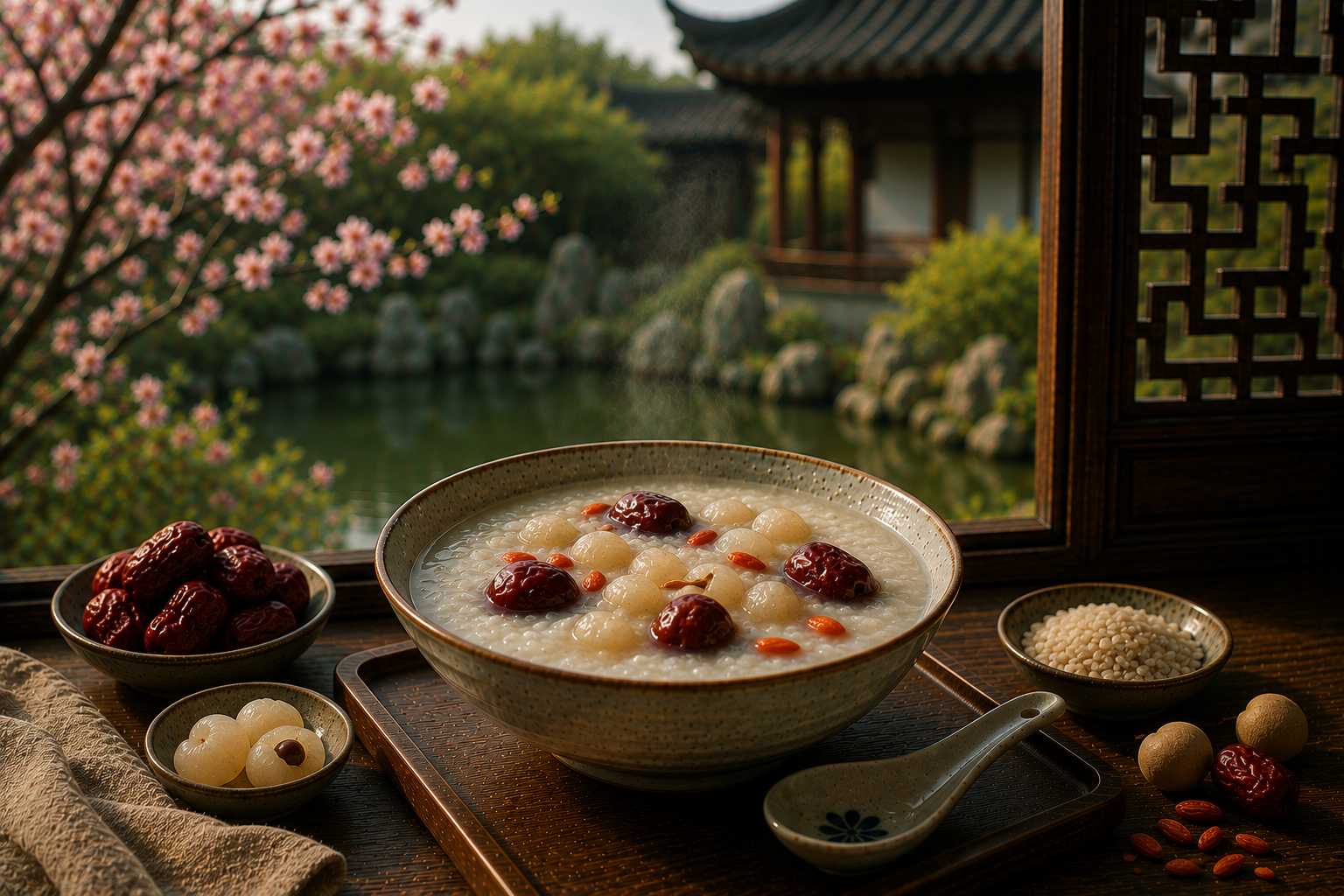 Congee de tâmara vermelha e longan