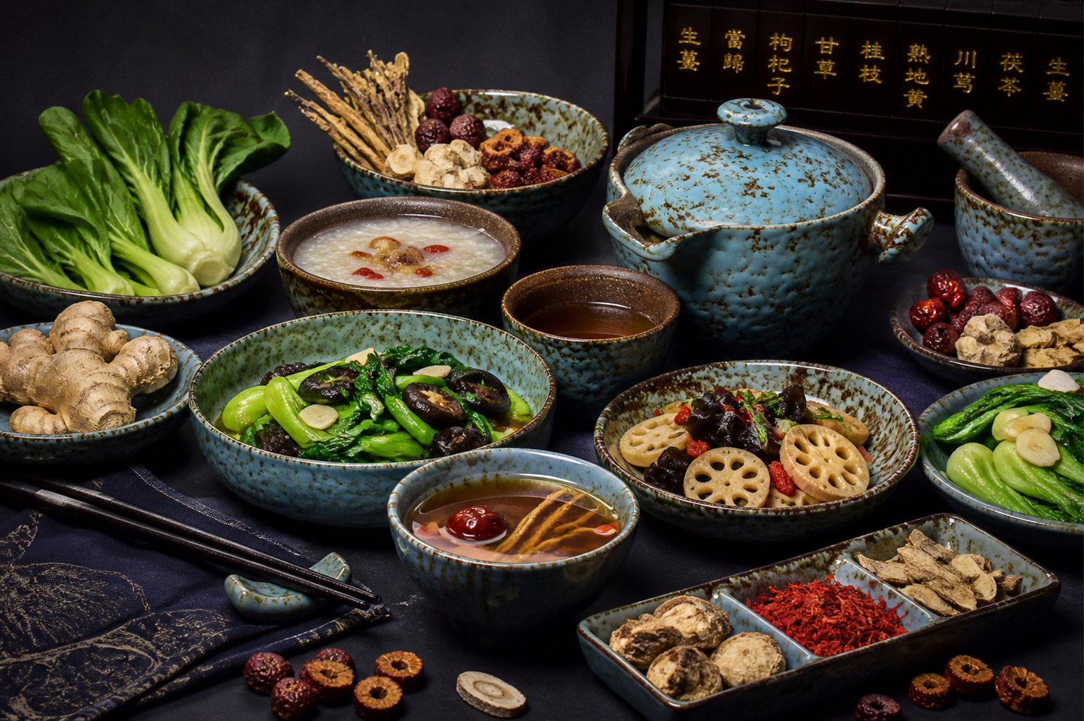 Mesa chinesa com ervas da MTC, legumes e alimentação medicinal
